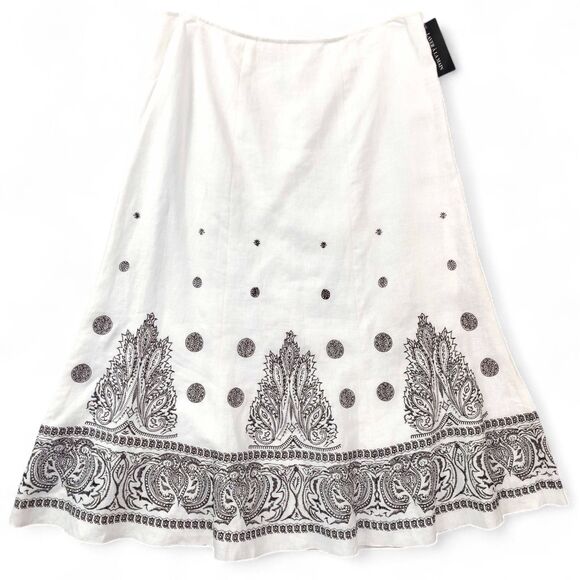 Nygard Collection Linen Skirt Size 14 White Black Embroidered Boho Midi Paisley - Picture 1 of 8
